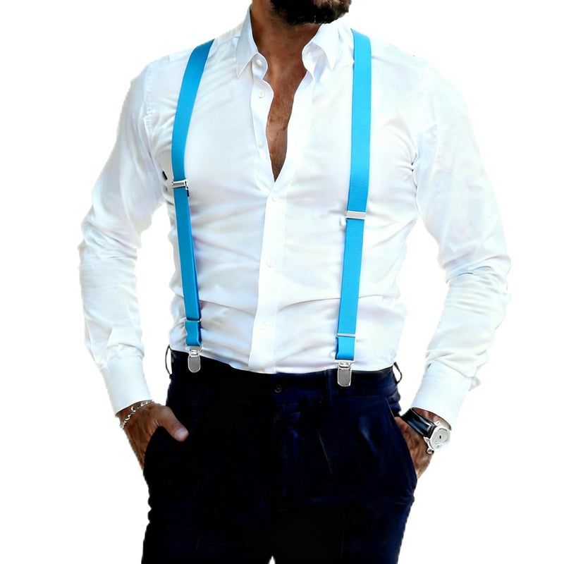 GUCHOL Suspenders for Mens with Strong Metal Clips Adjustable Elastic Y Style Leather Heavy Pants Suspender for Wedding&Party (Sky Blue) - Image 1